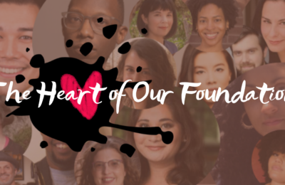 A group of playwrights with the Playwrights Foundation inkspot logo featuring a red heart